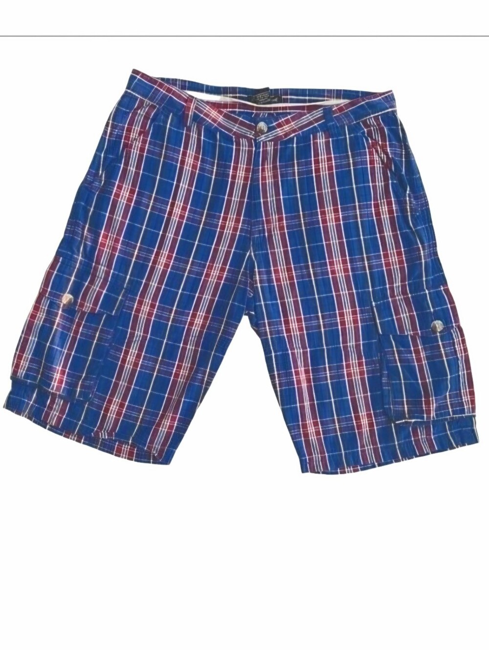 ​Cotton Reel Mens Plaid Cargo Shorts 34 Blue Red Check Cotton Casual Summer Wear